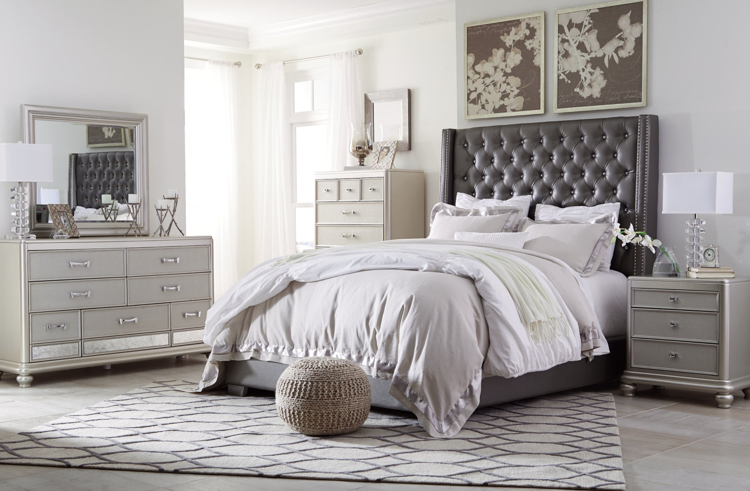 Coralayne Queen Upholstered Bed with Mirrored Dresser, Chest and Nightstand - PKG007770