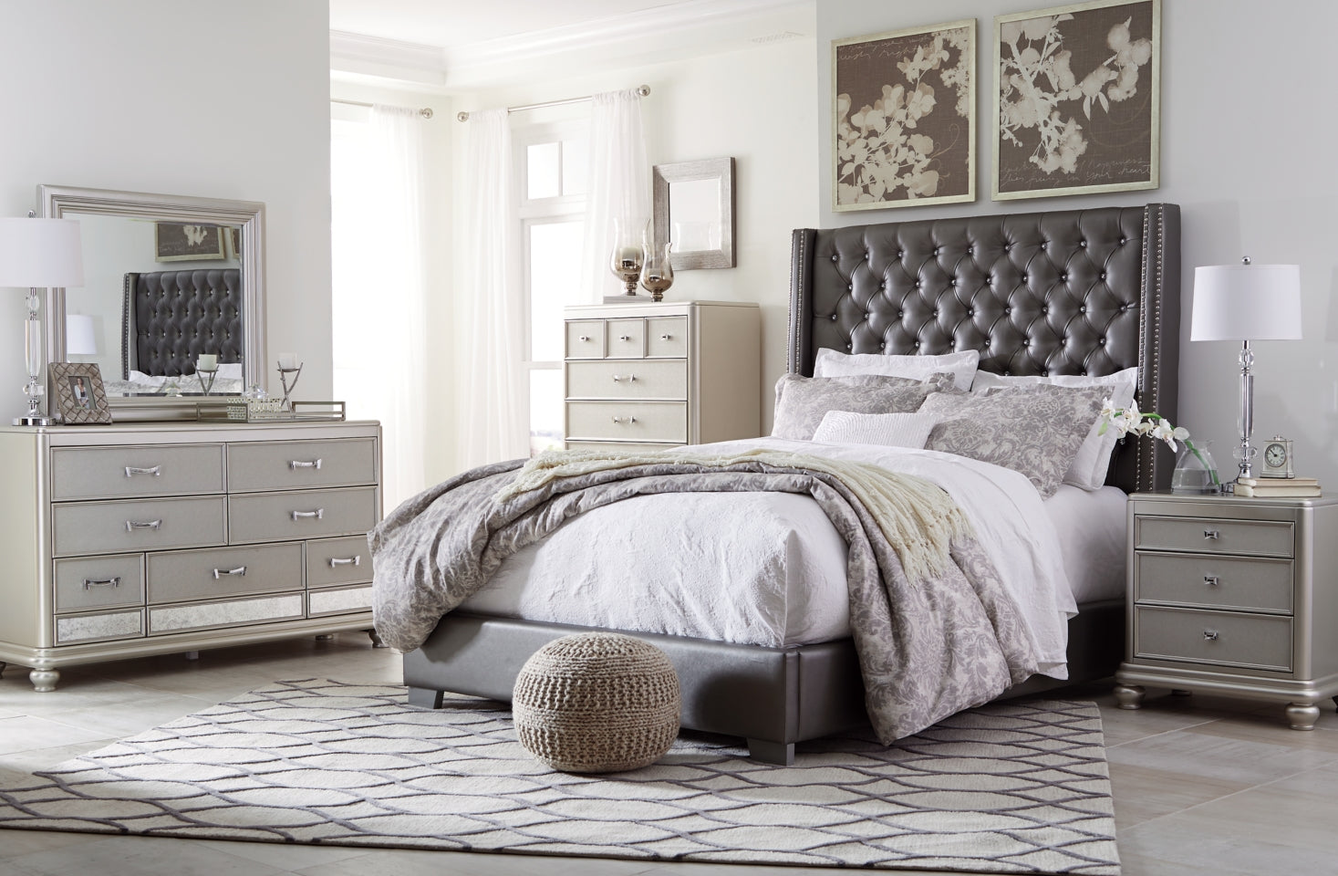 Coralayne Queen Upholstered Bed with Mirrored Dresser, Chest and 2 Nightstands - PKG007771