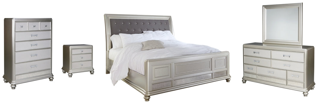 Coralayne California King Upholstered Sleigh Bed with Mirrored Dresser, Chest and Nightstand - PKG007857