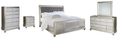 Coralayne California King Upholstered Sleigh Bed with Mirrored Dresser, Chest and Nightstand - PKG007857