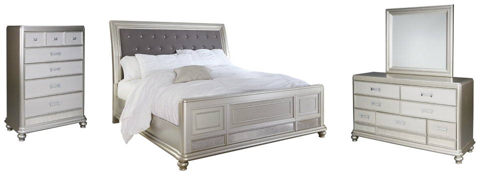 Coralayne California King Upholstered Sleigh Bed with Mirrored Dresser and Chest - PKG007856
