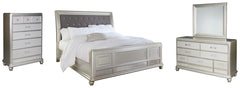 Coralayne California King Upholstered Sleigh Bed with Mirrored Dresser and Chest - PKG007856
