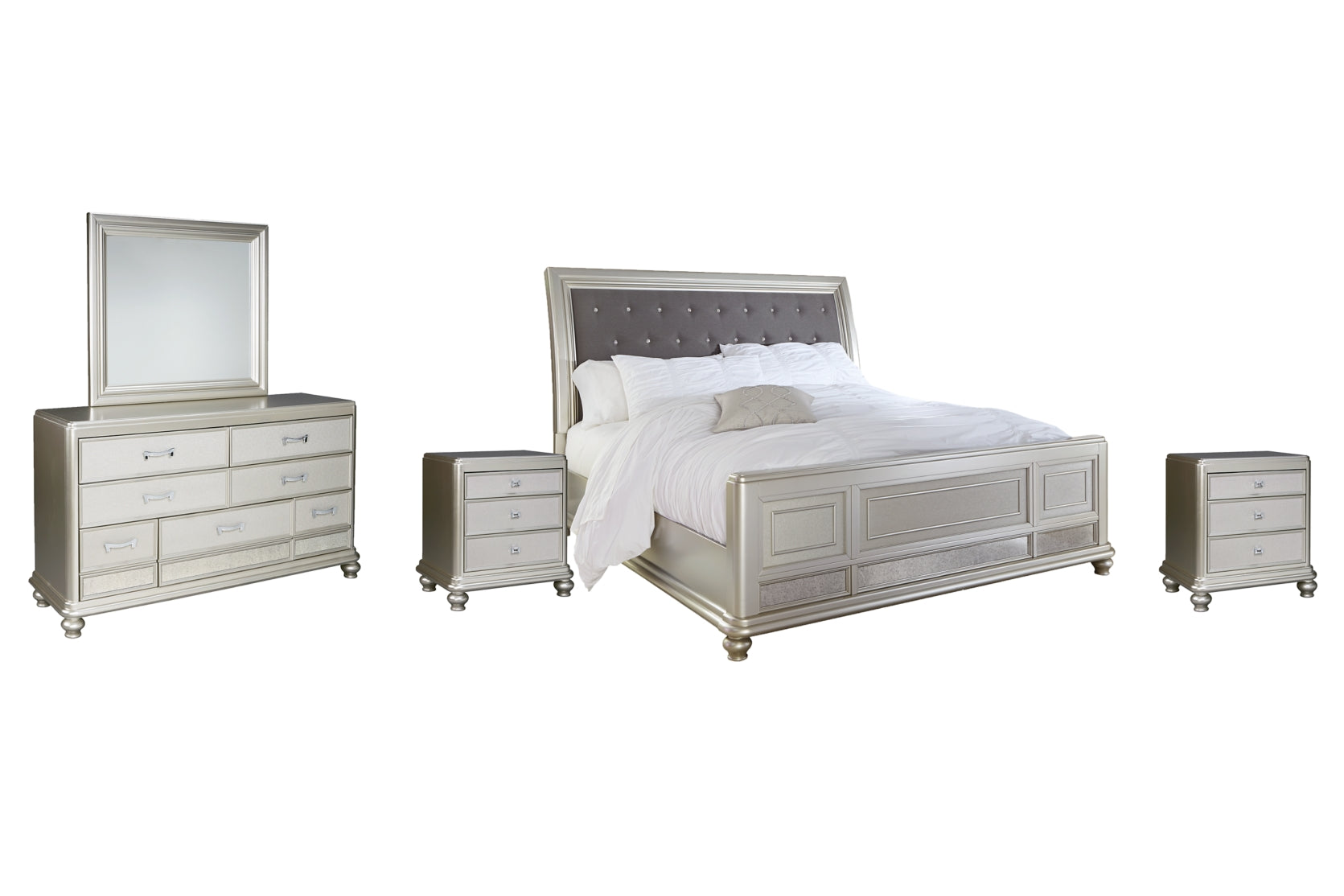 Coralayne California King Upholstered Sleigh Bed with Mirrored Dresser and 2 Nightstands - PKG007855