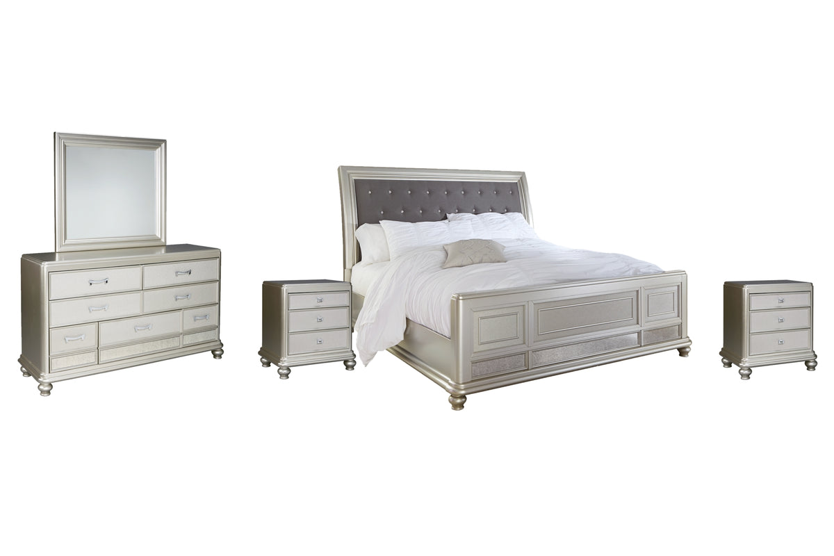 Coralayne California King Upholstered Sleigh Bed with Mirrored Dresser and 2 Nightstands - PKG007855