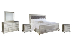 Coralayne California King Upholstered Sleigh Bed with Mirrored Dresser and 2 Nightstands - PKG007855