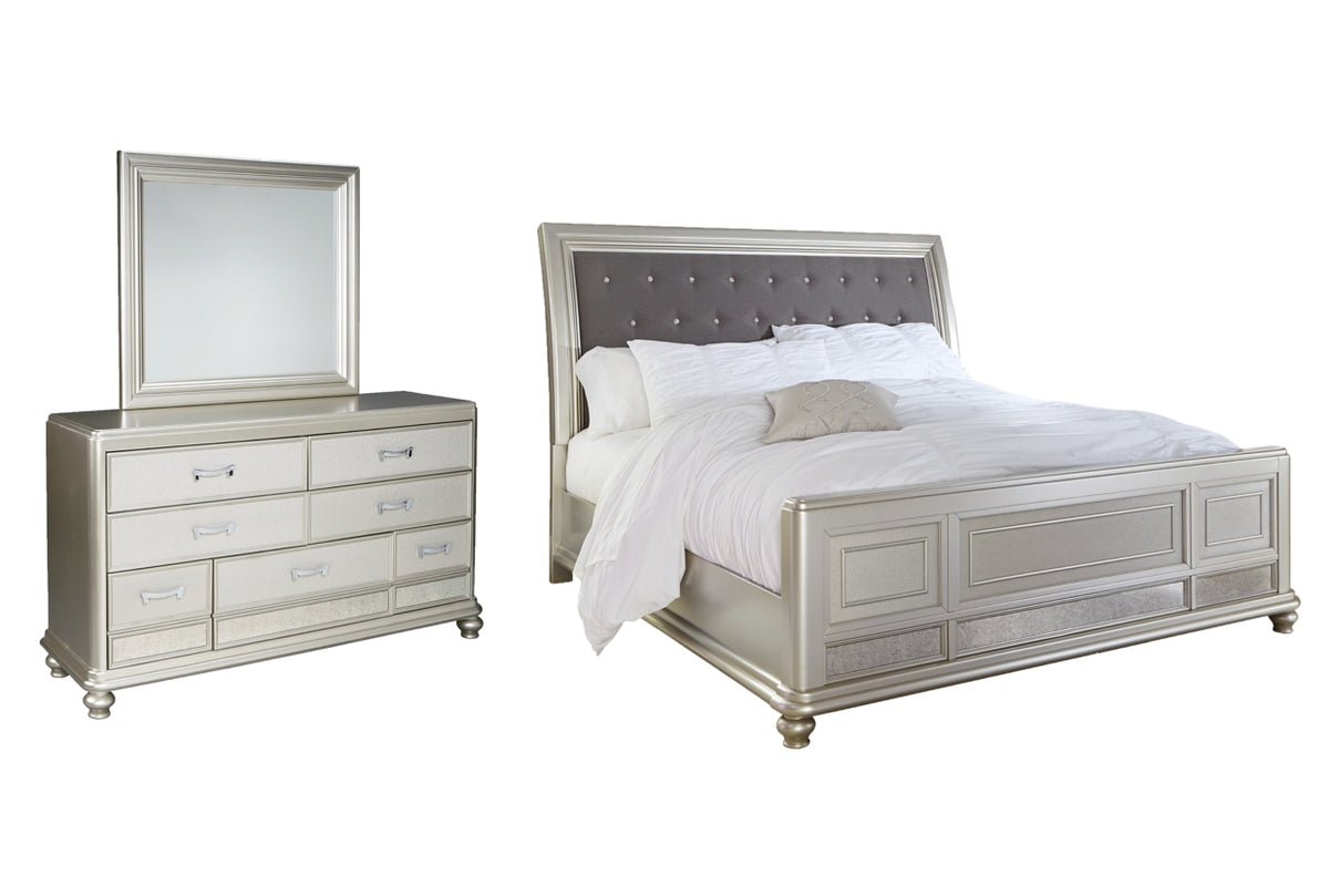 Coralayne California King Upholstered Sleigh Bed with Mirrored Dresser - PKG007854