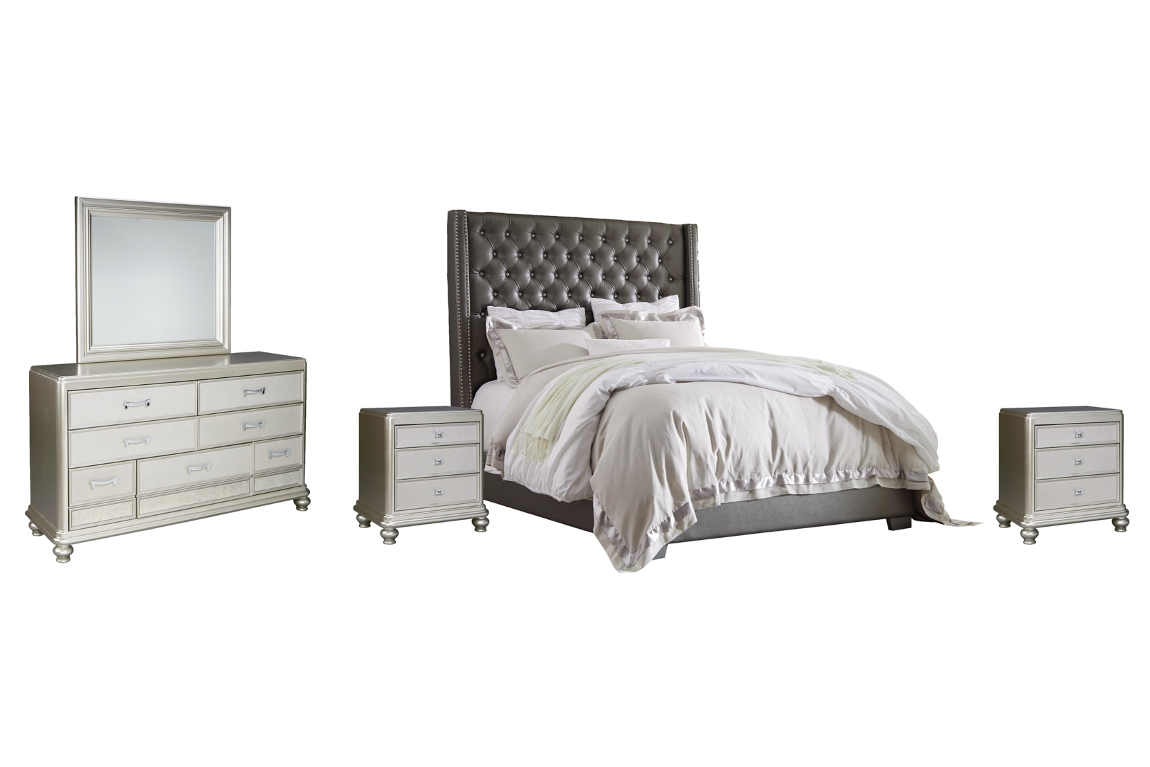 Coralayne Queen Upholstered Bed with Mirrored Dresser and 2 Nightstands - PKG007768
