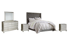 Coralayne Queen Upholstered Bed with Mirrored Dresser and 2 Nightstands - PKG007768