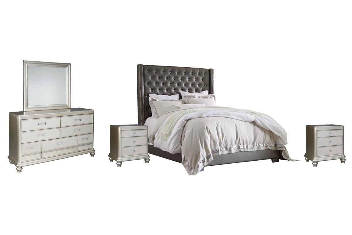 Coralayne Queen Upholstered Bed with Mirrored Dresser and 2 Nightstands - PKG007768