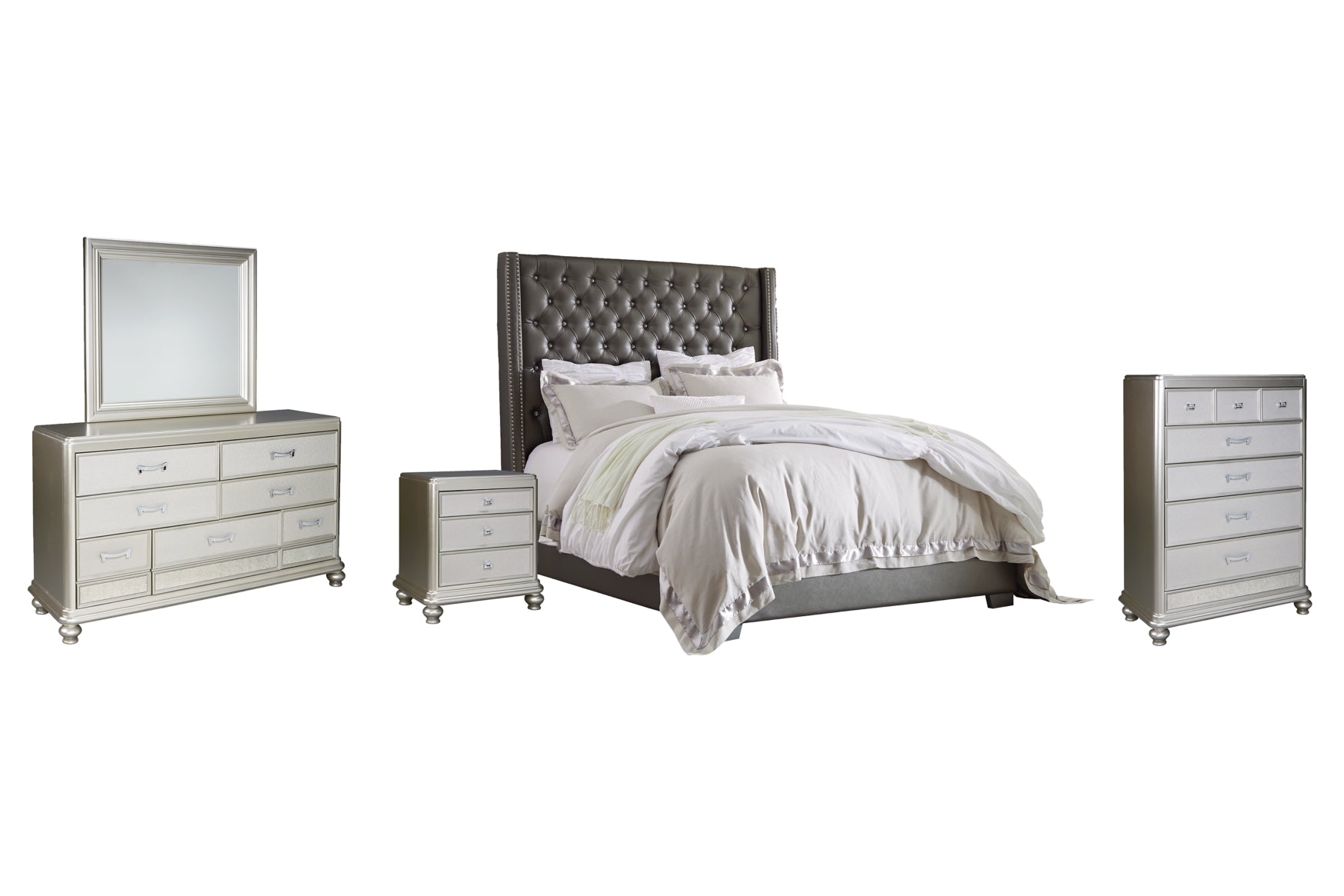 Coralayne King Upholstered Bed with Mirrored Dresser, Chest and Nightstand - PKG007781