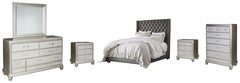 Coralayne California King Upholstered Bed with Mirrored Dresser, Chest and 2 Nightstands - PKG007826