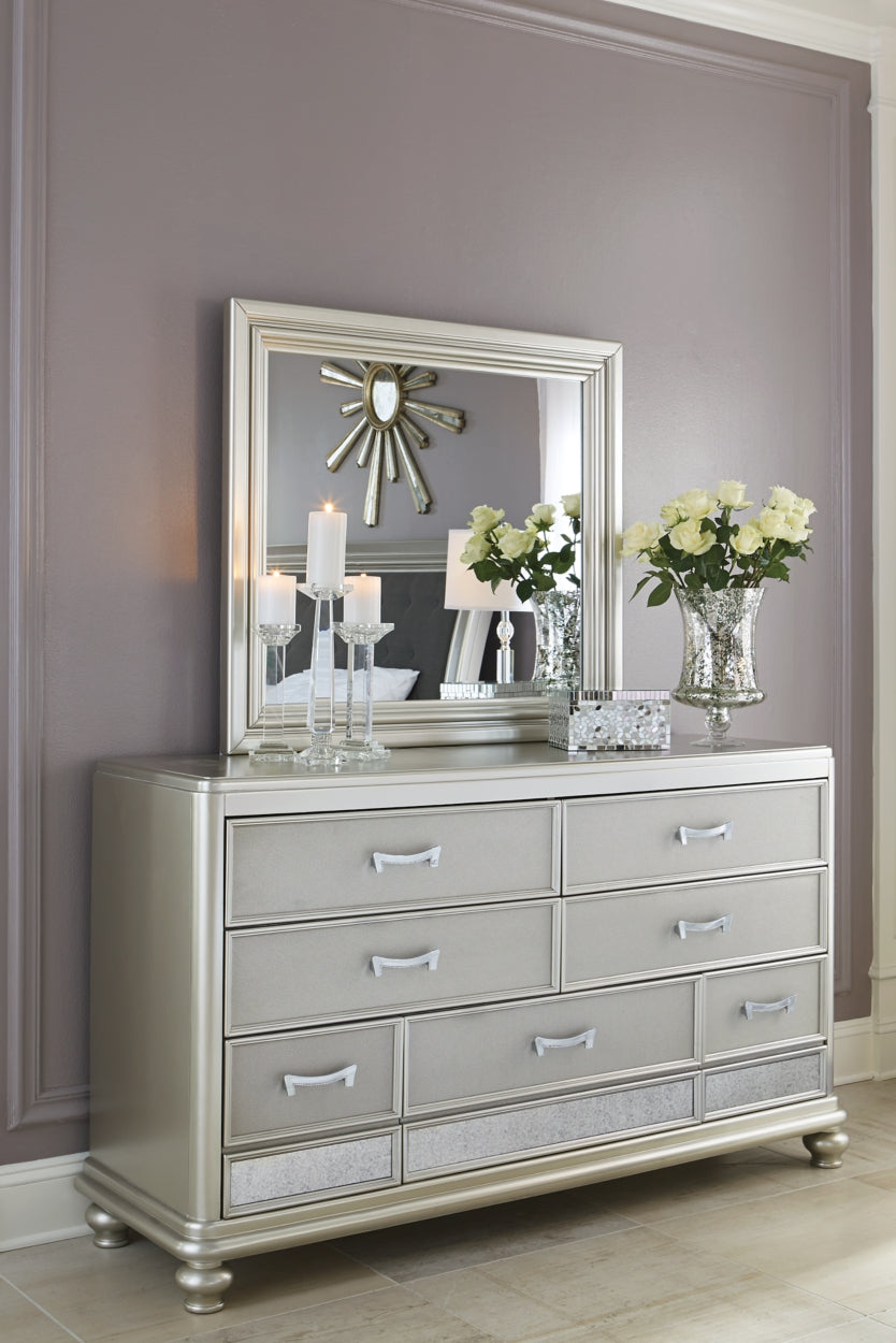 Coralayne Full Upholstered Bed with Mirrored Dresser and 2 Nightstands - PKG007801