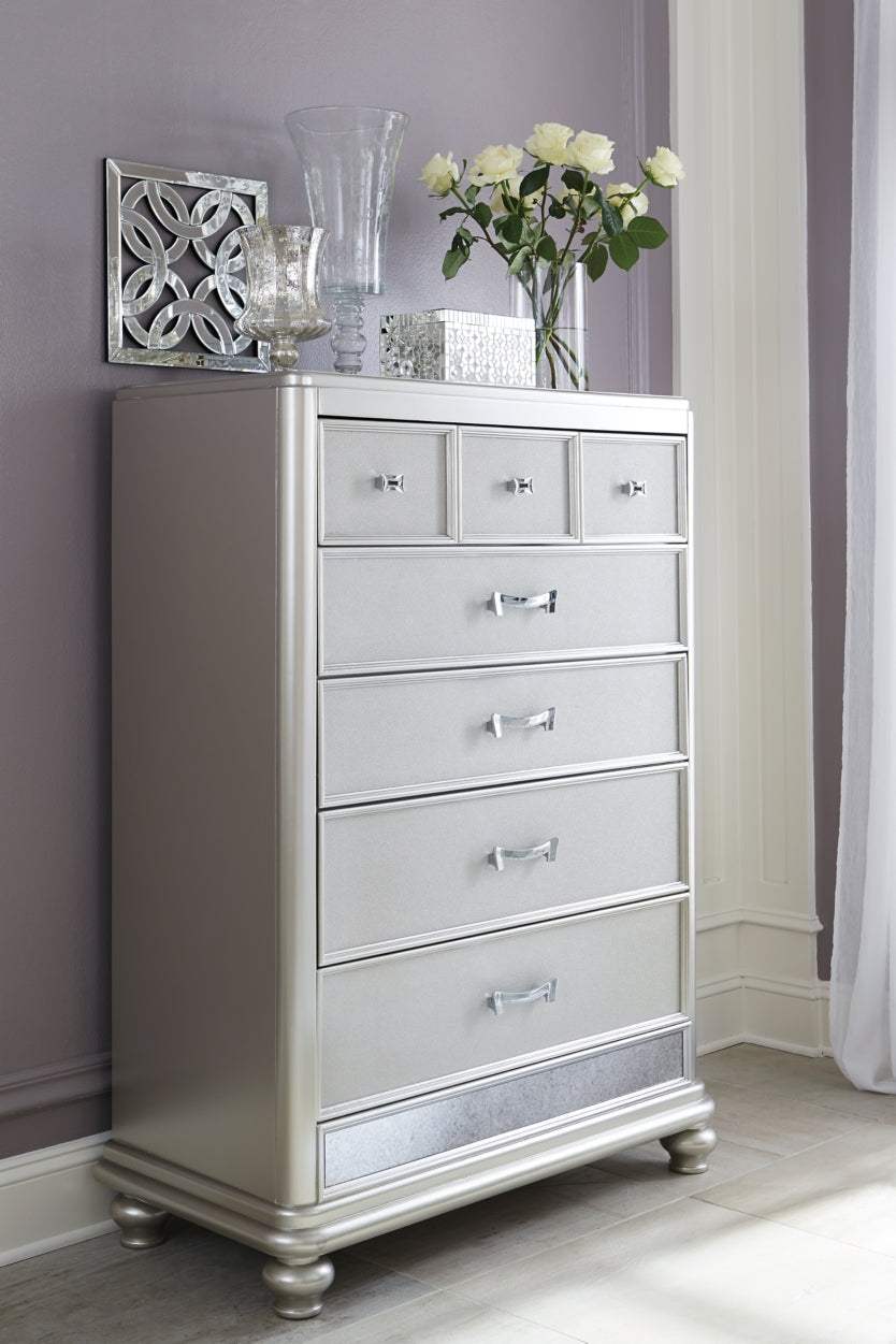 Coralayne King Upholstered Bed with Mirrored Dresser, Chest and Nightstand - PKG007781