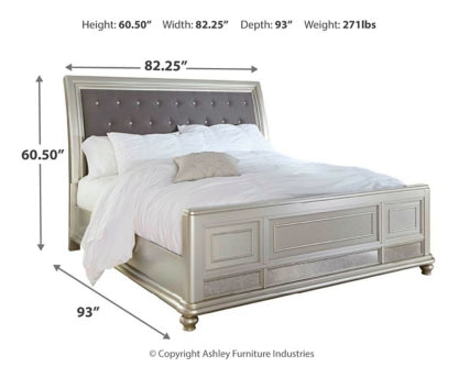 Coralayne King Upholstered Sleigh Bed with Mirrored Dresser - PKG000044