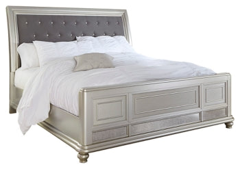 Coralayne California King Upholstered Sleigh Bed with Mirrored Dresser - PKG007859