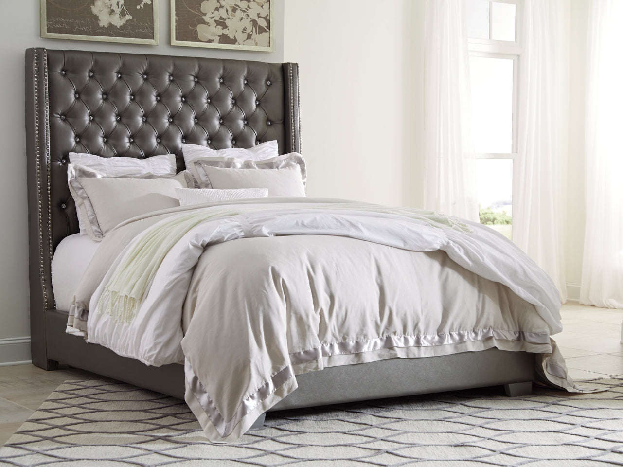 Coralayne King Upholstered Bed with Mirrored Dresser, Chest and 2 Nightstands - PKG007787