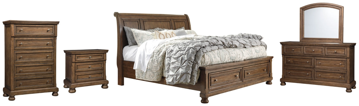 Flynnter Queen Sleigh Bed with 2 Storage Drawers with Mirrored Dresser, Chest and Nightstand