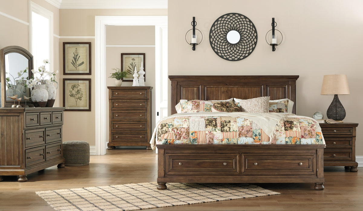 Flynnter King Panel Bed with 2 Storage Drawers with Mirrored Dresser, Chest and Nightstand