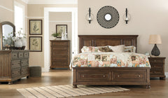 Flynnter King Panel Bed with 2 Storage Drawers with Mirrored Dresser, Chest and Nightstand