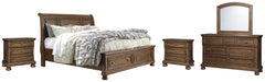 Flynnter Queen Sleigh Bed with 2 Storage Drawers with Mirrored Dresser and 2 Nightstands