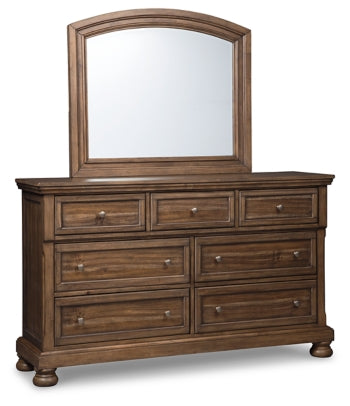 Flynnter Queen Panel Bed with 2 Storage Drawers with Mirrored Dresser