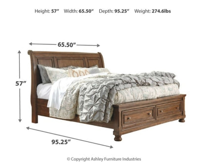 Flynnter Queen Sleigh Bed with 2 Storage Drawers with Mirrored Dresser and 2 Nightstands