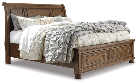 Flynnter Queen Sleigh Bed with 2 Storage Drawers with Mirrored Dresser, Chest and Nightstand