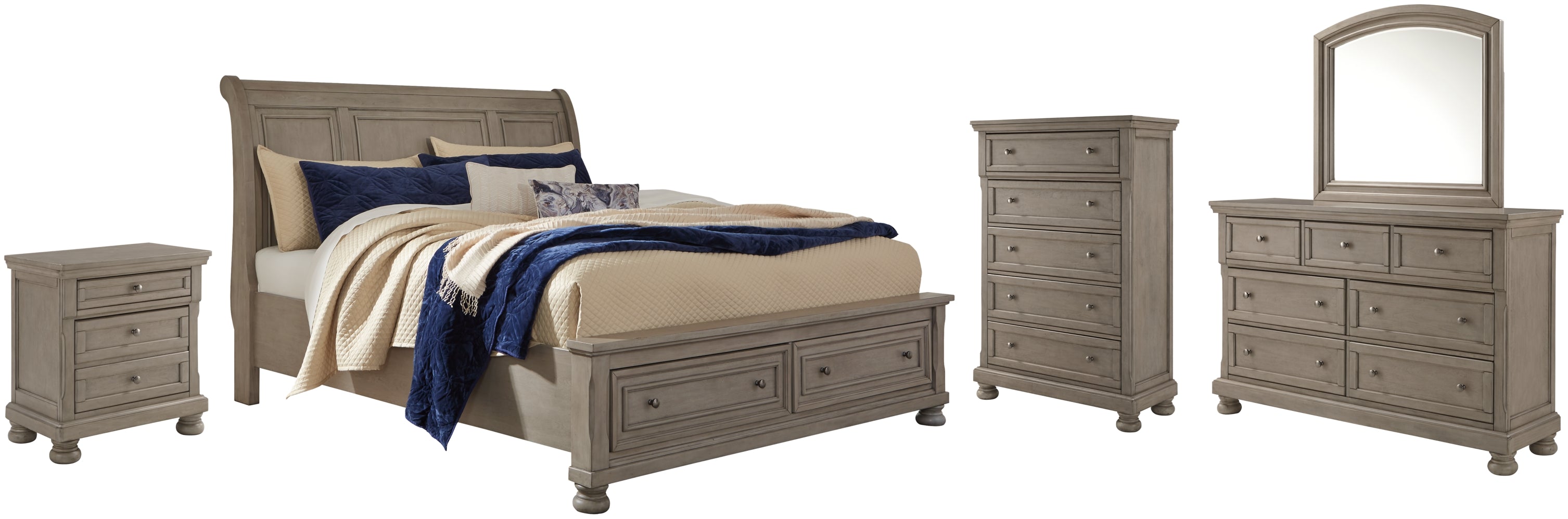 Lettner Queen Sleigh Bed with 2 Storage Drawers with Mirrored Dresser, Chest and Nightstand
