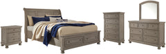 Lettner Queen Sleigh Bed with 2 Storage Drawers with Mirrored Dresser, Chest and Nightstand