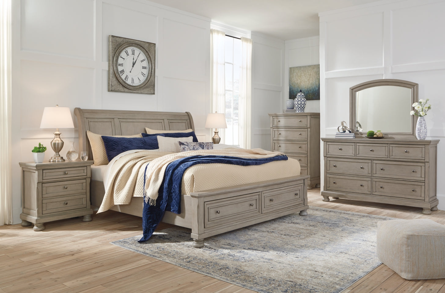 Lettner Queen Sleigh Bed with 2 Storage Drawers with Mirrored Dresser and 2 Nightstands