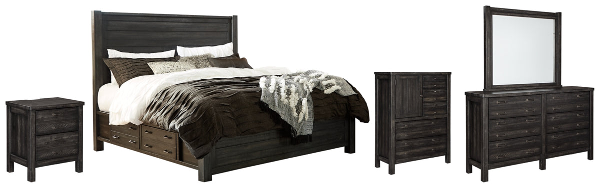 Baylow Queen Panel Bed with 4 Storage Drawers with Mirrored Dresser, Chest and Nightstand