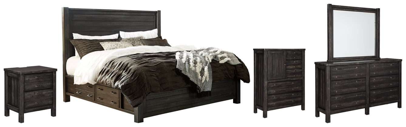 Baylow Queen Panel Bed with 4 Storage Drawers with Mirrored Dresser, Chest and Nightstand