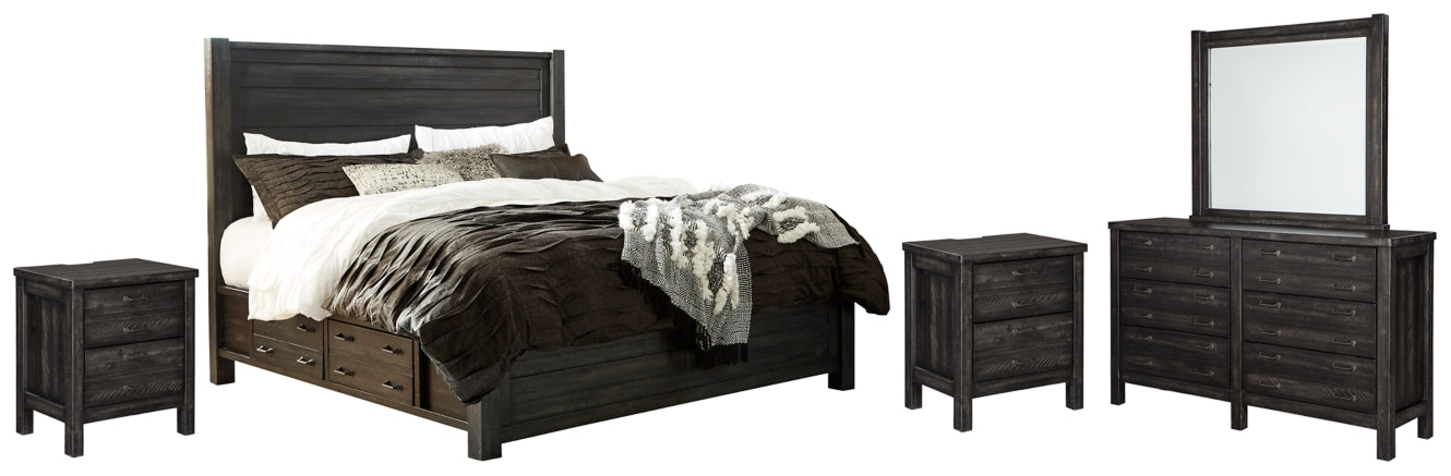 Baylow Queen Panel Bed with 4 Storage Drawers with Mirrored Dresser and 2 Nightstands