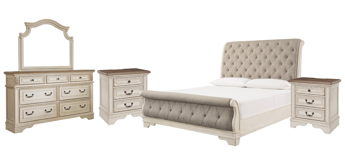 Realyn California King Sleigh Bed with Mirrored Dresser and 2 Nightstands