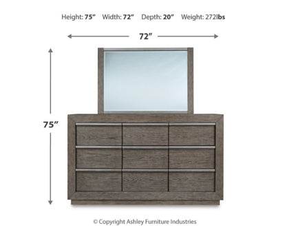 Anibecca Queen Upholstered Panel Bed with Mirrored Dresser, Chest and 2 Nightstands