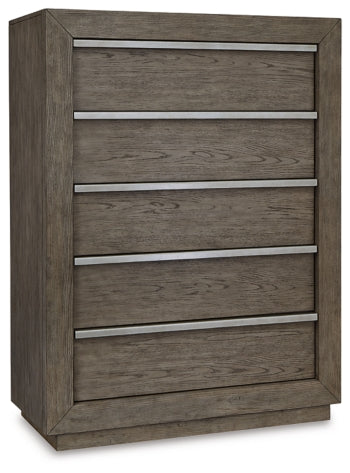 Anibecca Queen Upholstered Panel Bed with Mirrored Dresser, Chest and 2 Nightstands
