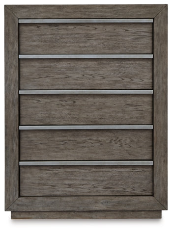 Anibecca Queen Upholstered Panel Bed with Mirrored Dresser, Chest and 2 Nightstands