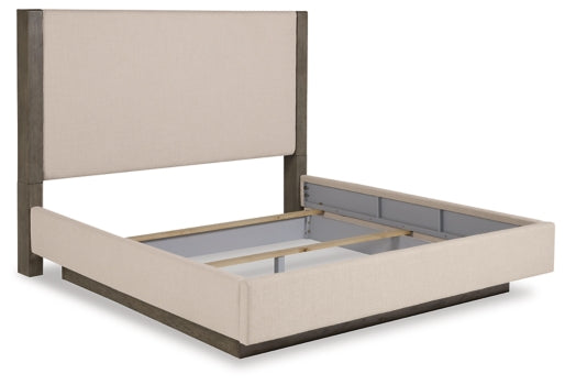 Anibecca Queen Upholstered Panel Bed with Mirrored Dresser and Chest