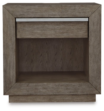 Anibecca Queen Upholstered Panel Bed with Mirrored Dresser, Chest and Nightstand