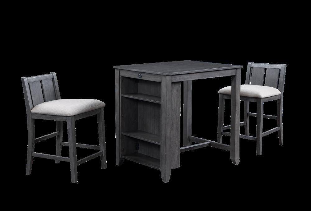 HESTON 36" STORAGE COUNTER TABLE SET W/2 CHAIRS-GRAY