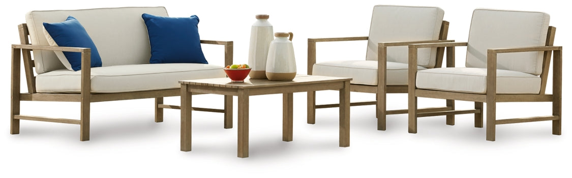 Fynnegan Outdoor Loveseat, 2 Lounge Chairs and Coffee Table