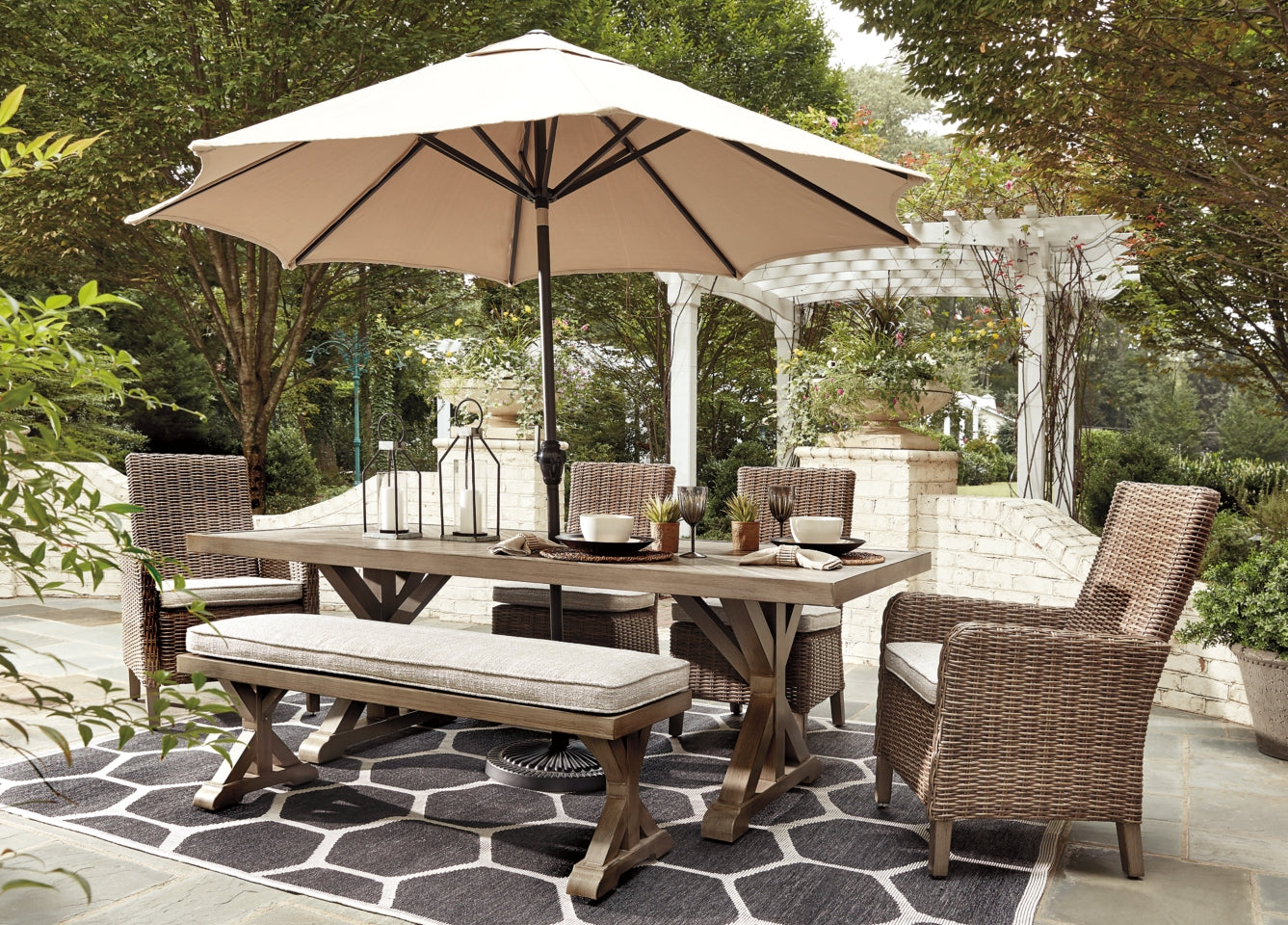Beachcroft Outdoor Dining Table and 4 Chairs and Bench - PKG000284
