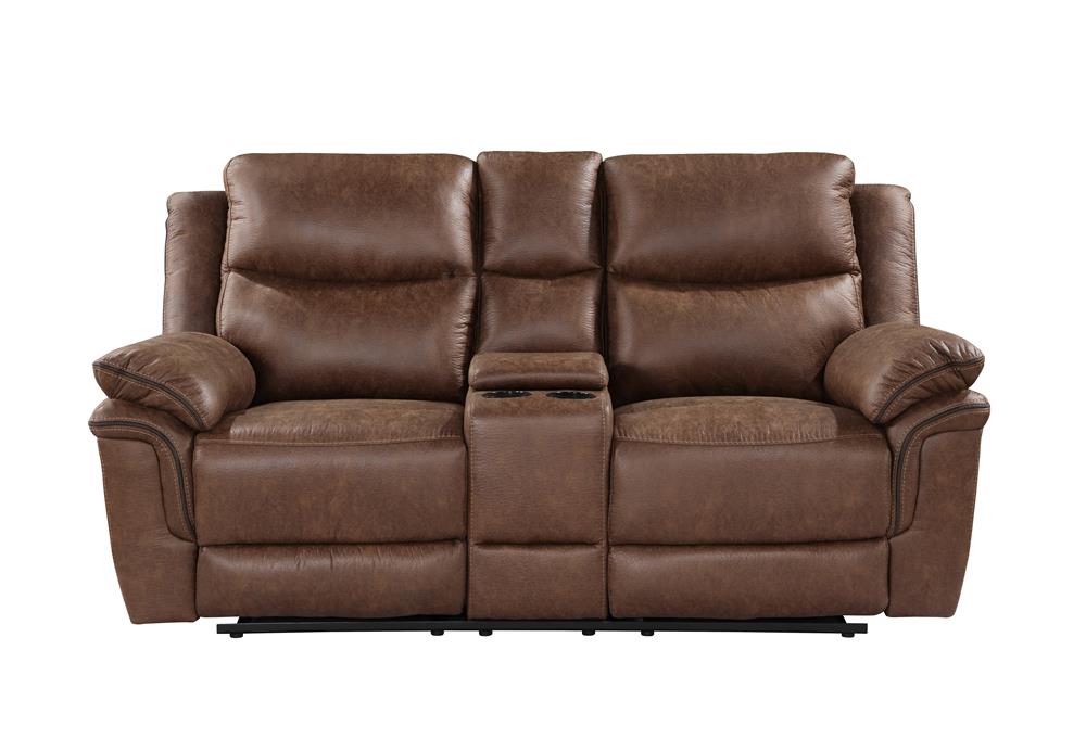 RYLAND CONSOLE LOVESEAT W/ DUAL RECLINERS--BROWN